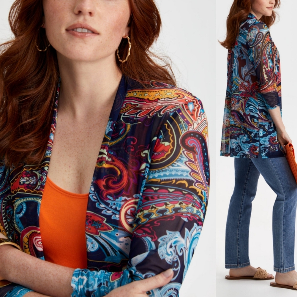 NWT XS Laura Paisley Print Open Front Cardigan - Blue Pattern - Picture 2 of 2